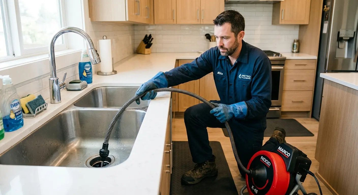 Drain cleaning technician using a motorized snake on a kitchen sink in Rockville Centre