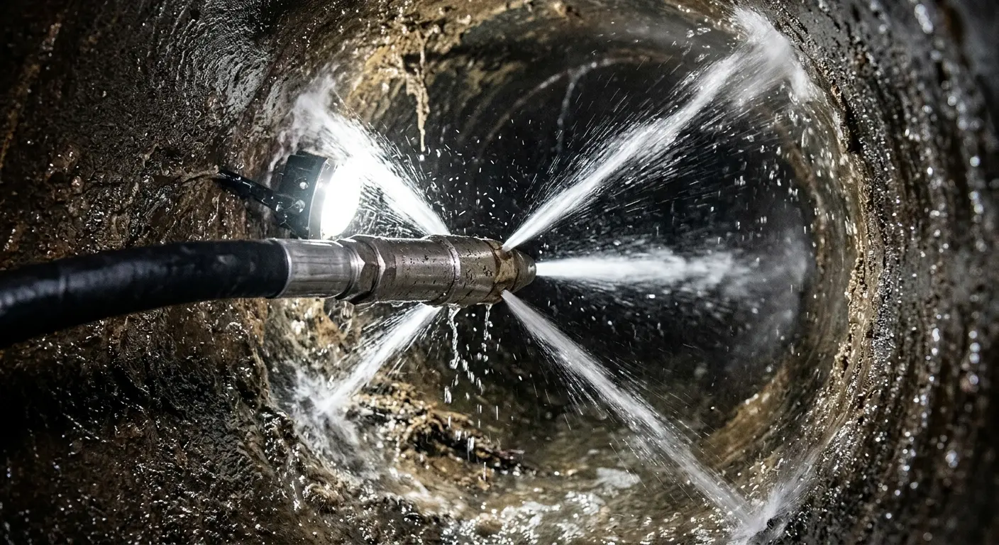 High-pressure hydro jetting nozzle cleaning sewer pipe for Emergency Drain Service in Rockville Centre