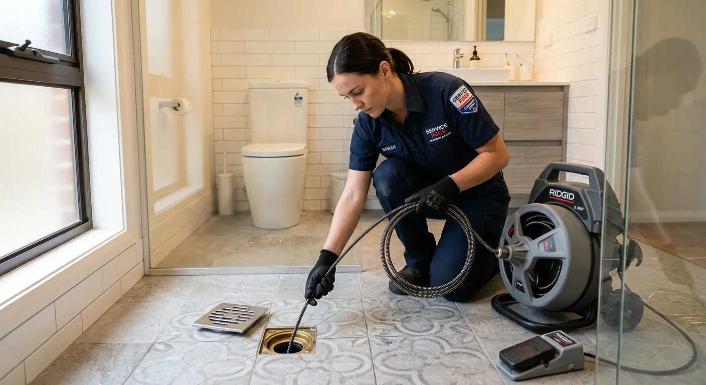 Technician clearing a bathroom floor drain for Drain Repair in Rockville Centre